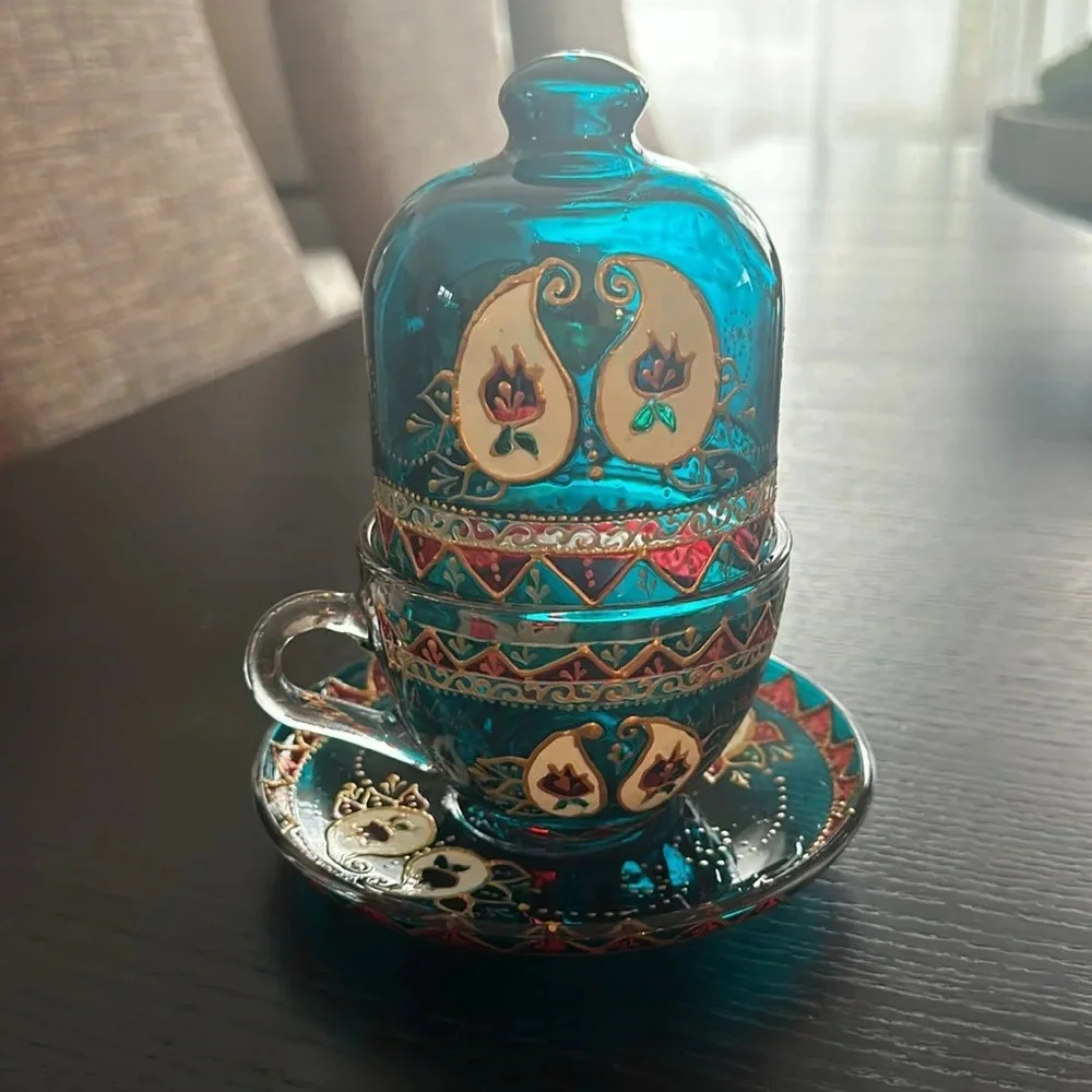 Paisley ornament handmade glass with saucer and cover